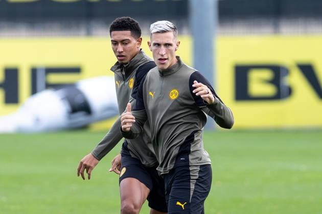 15 09 2025, Final training session for the UEFA Champions League match between Juventus Turin and Borussia Dortmund, f l Jobe Bellingham Borussia Dortmund , Nico Schlotterbeck Borussia Dortmund , Dortmund Training ground Borussia Dortmund NRW Germany xRHR PHOTO DEx Copyright: DennisxEwert RHR-FOTOx RHR-FOTO DE