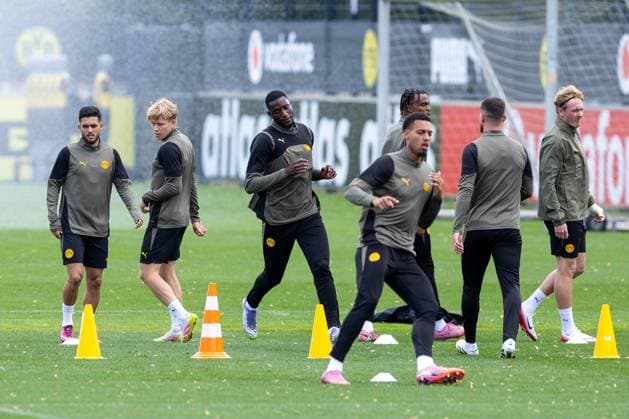 15 09 2025, Final training session for the UEFA Champions League match between Juventus Turin and Borussia Dortmund, f l Yan Couto Borussia Dortmund , Daniel Svensson Borussia Dortmund , Serhou Guirassy Borussia Dortmund , Felix Nmecha Borussia Dortmund , Julian Brandt Borussia Dortmund , Dortmund training ground Borussia Dortmund NRW Germany xRHR PHOTO DEx Copyright: DennisxEwert RHR-FOTOx RHR-FOTO DE