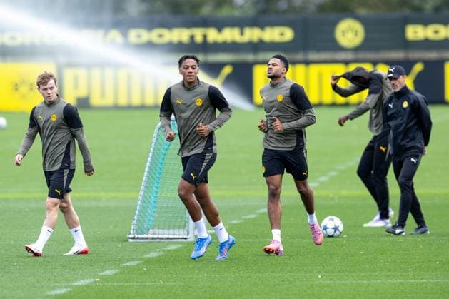 15 09 2025, Final training session for the UEFA Champions League match between Juventus Turin and Borussia Dortmund, f l Cole Campbell Borussia Dortmund , Filipo Mane Borussia Dortmund , Almugera Kabar Borussia Dortmund , Coach Niko Kovac Borussia Dortmund , Dortmund training ground Borussia Dortmund NRW Germany xRHR PHOTO DEx Copyright: DennisxEwert RHR-FOTOx RHR-FOTO DE