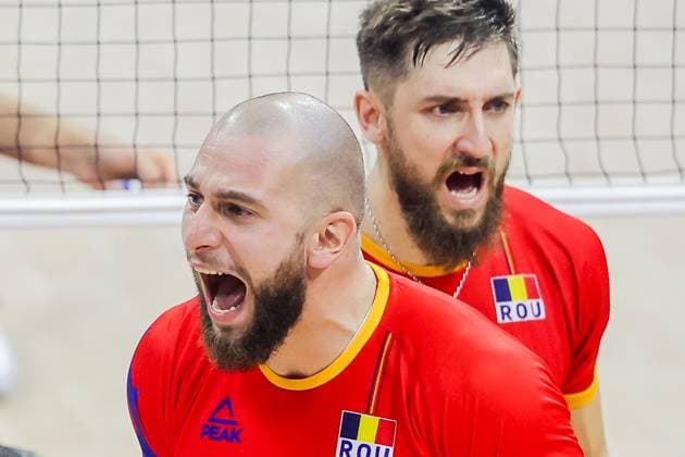 (250915) -- QUEZON CITY, Sept. 15, 2025 -- Bela Florian Bartha (front) and Mircea Paul Peta of Romania react during the pool B match between the Netherlands and Romania at the FIVB Men s World Championship, WM, Weltmeisterschaft 2025 in Quezon City, the Philippines, on Sept. 15, 2025. ) (SP)THE PHILIPPINES-QUEZON CITY-FIVB MEN S WORLD CHAMPIONSHIP 2025-NED VS ROU ROUELLExUMALI 