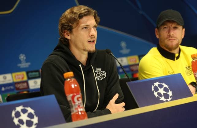 Union s Fedde Leysen and Union s head coach Sebastien Pocognoli pictured during a press conference, PK, Pressekonferenz of Belgian soccer team Royale Union Saint-Gilloise in Eindhoven, The Netherlands, on Monday 15 September 2025. The team prepares for tomorrow s match against Dutch team PSV Eindhoven, on the opening day of the League phase of the UEFA Champions League tournament. VIRGINIExLEFOUR  x134347787x