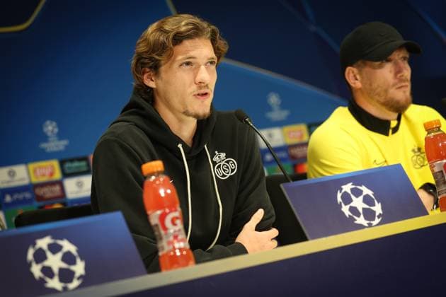 Union s Fedde Leysen and Union s head coach Sebastien Pocognoli pictured during a press conference, PK, Pressekonferenz of Belgian soccer team Royale Union Saint-Gilloise in Eindhoven, The Netherlands, on Monday 15 September 2025. The team prepares for tomorrow s match against Dutch team PSV Eindhoven, on the opening day of the League phase of the UEFA Champions League tournament. VIRGINIExLEFOUR  x134347793x