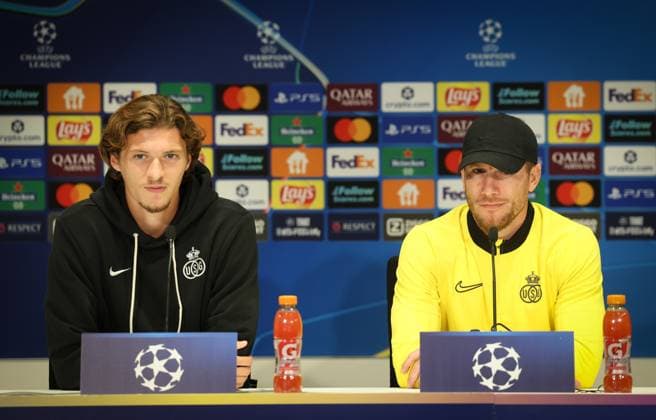 Union s Fedde Leysen and Union s head coach Sebastien Pocognoli pictured during a press conference, PK, Pressekonferenz of Belgian soccer team Royale Union Saint-Gilloise in Eindhoven, The Netherlands, on Monday 15 September 2025. The team prepares for tomorrow s match against Dutch team PSV Eindhoven, on the opening day of the League phase of the UEFA Champions League tournament. VIRGINIExLEFOUR  x134347853x
