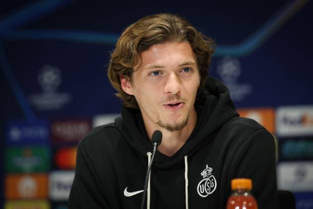 Union s Fedde Leysen pictured during a press conference, PK, Pressekonferenz of Belgian soccer team Royale Union Saint-Gilloise in Eindhoven, The Netherlands, on Monday 15 September 2025. The team prepares for tomorrow s match against Dutch team PSV Eindhoven, on the opening day of the League phase of the UEFA Champions League tournament. VIRGINIExLEFOUR  x134347885x
