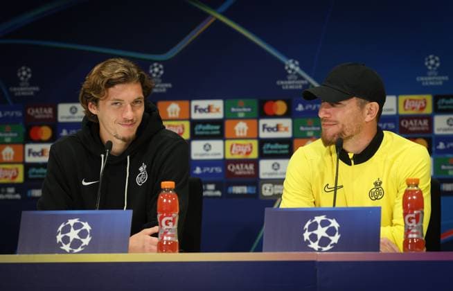 Union s Fedde Leysen and Union s head coach Sebastien Pocognoli pictured during a press conference, PK, Pressekonferenz of Belgian soccer team Royale Union Saint-Gilloise in Eindhoven, The Netherlands, on Monday 15 September 2025. The team prepares for tomorrow s match against Dutch team PSV Eindhoven, on the opening day of the League phase of the UEFA Champions League tournament. VIRGINIExLEFOUR  x134347922x