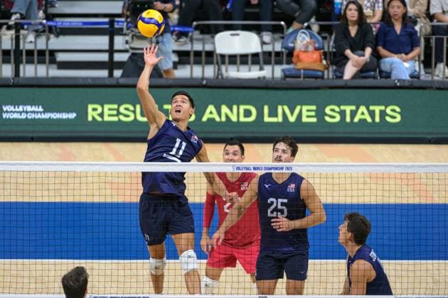 September 15, 2025, Quezon City, Manila, Philippines: USA vs Portugal in their Pool Phase match during the FIVB Mens Volleyball World Championship, WM, Weltmeisterschaft 2025 in Manila, Philippines. USA wins in 3 sets. USAs Micah CHRISTENSON , Erik SHOJI and Ethan CHAMPLIN at the net Quezon City Philippines - ZUMAr144 20250915_zap_r144_019 Copyright: xJaynexRussellx