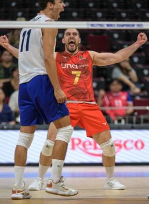 September 15, 2025, Quezon City, Manila, Philippines: USA vs Portugal in their Pool Phase match during the FIVB Mens Volleyball World Championship, WM, Weltmeisterschaft 2025 in Manila, Philippines. USA wins in 3 sets. Portugals Casas Ivo celebrates a point Quezon City Philippines - ZUMAr144 20250915_zap_r144_036 Copyright: xJaynexRussellx