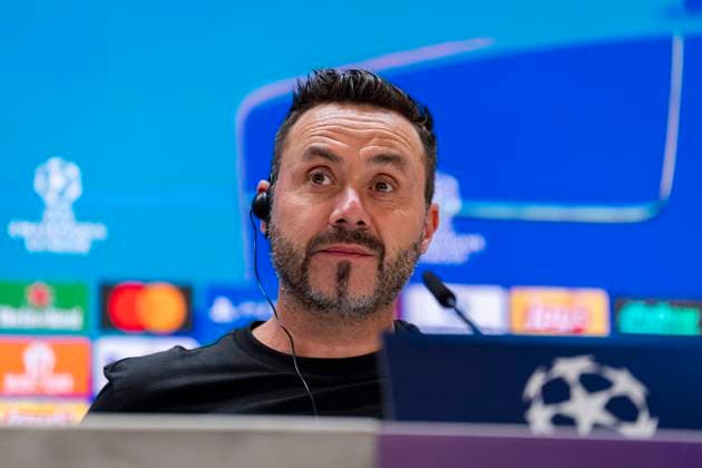 Olympique de Marseille press conference, PK, Pressekonferenz - UEFA Champions League 2025 26 League Phase MD1 Roberto De Zerbi, Head Coach of Olympique de Marseille, is seen in the press room during the Training Session and Press Conference ahead of the UEFA Champions League 2024 25 match against Real Madrid CF at Estadio Santiago Bernabeu on September 15, 2025 in Madrid, Spain. Madrid Estadio Santiago Bernabeu Madrid Spain Copyright: xAlbertoxGardinx AGardin_20250915_Foot_Cha_OlyMar_Pc_0357