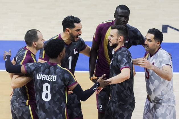 (250915) -- QUEZON CITY, Sept. 15, 2025 -- Players of Qatar celebrate during the pool B match between Poland and Qatar at the FIVB Men s World Championship, WM, Weltmeisterschaft 2025 in Quezon City, the Philippines, on Sept. 15, 2025. ) (SP)THE PHILIPPINES-QUEZON CITY-VOLLEYBALL-FIVB MEN S WORLD CHAMPIONSHIP 2025-POL VS QAT ROUELLExUMALI 