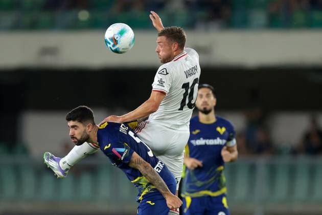 Verona, Italy, 15th September 2025. Jamie Vardy of US Cremonese heads on from Unai Nunez of Hellas Verona during the Hellas Verona vs US Cremonese Serie A match at Marc Antonio Bentegodi, Verona. Picture credit should read: Jonathan Moscrop Sportimage EDITORIAL USE ONLY. No use with unauthorised audio, video, data, fixture lists, club league logos or live services. Online in-match use limited to 120 images, no video emulation. No use in betting, games or single club league player publications. SPI_057_JM_HELLAS_CREMONESE_ SPI-4121-0057