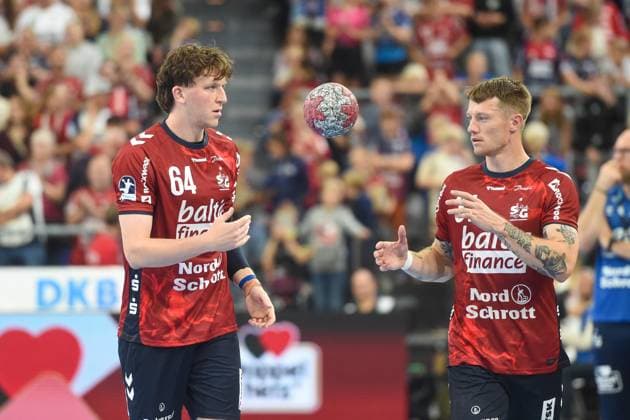 Handball I Men I Season 2025 2026 I Bundesliga I 4 Matchday I SG Flensburg Handewitt TSV Hannover Burgdorf I 15 09 2025 from left Lasse Möller 64, SG Flensburg Handewitt , Emil Jakobsen 31, SG Flensburg Handewitt Copyright: xLobeca JanxKirschnerx