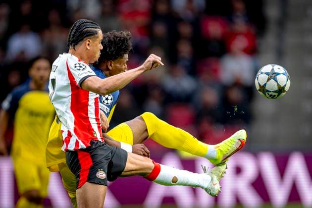PSV Eindhoven defender Armando Obispo, Union Saint Gilloise forwarder Kevin Rodriguez during the match PSV Royale Union Saint Gilloise at the Philips stadium for the Champions League League phase Matchday 1 season 2025 2026 in EINDHOVEN, Netherlands on 16 september 2025, photo by Marcel van Dorst EYE4images DeFodi Images