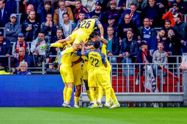 EINDHOVEN , 16-09-2025 , Philips Stadium , season 2025 2026 , UEFA Champions League football , league phase, match between PSV and Union SG , picture shows Union SG player Promise David scores the 0-1 and celebrate his goal PSV - Union SG  x31052918x Copyright: