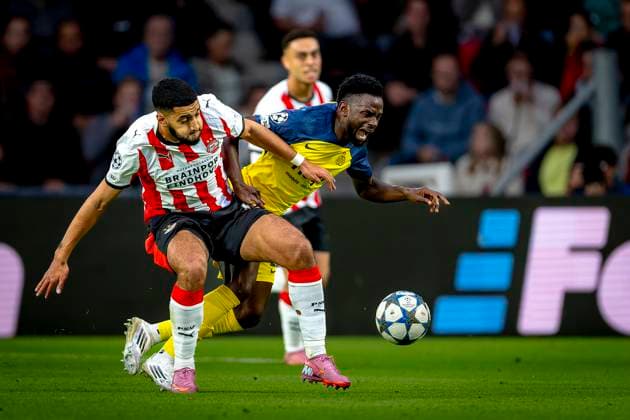 PSV Eindhoven midfielder Ismael Saibari, Union Saint Gilloise midfielder Ousseynou Niang during the match PSV Royale Union Saint Gilloise at the Philips stadium for the Champions League phase Matchday 1 season 2025 2026 in EINDHOVEN, Netherlands on 16 september 2025, photo by Marcel van Dorst EYE4images DeFodi Images
