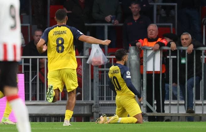 Union s Anouar Ait El Hadj celebrates after scoring during a soccer game between Dutch team PSV Eindhoven and Belgian team Royale Union Saint-Gilloise, in Eindhoven, The Netherlands, on Tuesday 16 September 2025, on the opening day of the League phase of the UEFA Champions League tournament. VIRGINIExLEFOUR  x134444284x