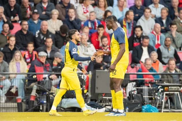Anouar Ait El Hadj Union Saint Gilloise celebrates after scoring his team s second goal with teammates during the UEFA Champions League 2025 26 League Phase MD1 match between PSV Eindhoven and R Union Saint Gilloise at PSV Stadion on September 16, 2025 in Eindhoven, Netherlands
