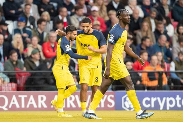 Anouar Ait El Hadj Union Saint Gilloise celebrates after scoring his team s second goal with teammates during the UEFA Champions League 2025 26 League Phase MD1 match between PSV Eindhoven and R Union Saint Gilloise at PSV Stadion on September 16, 2025 in Eindhoven, Netherlands