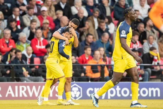 Anouar Ait El Hadj Union Saint Gilloise celebrates after scoring his team s second goal with teammates during the UEFA Champions League 2025 26 League Phase MD1 match between PSV Eindhoven and R Union Saint Gilloise at PSV Stadion on September 16, 2025 in Eindhoven, Netherlands