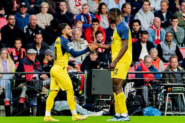 Anouar Ait El Hadj of Royale Union Saint-Gilloise celebrates with Promise David of Royale Union Saint-Gilloise after scoring his teams second goal PSV Eindhoven v Royale Union Saint-Gilloise, , UEFA Champions League 2025 26 League Phase MD1 - PSV Eindhoven v Royale Union Saint-Gilloise, Philips Stadion, September 16, 2025, Eindhoven, Netherlands.