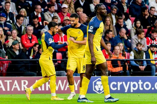 Anouar Ait El Hadj of Royale Union Saint-Gilloise celebrates with Adem Zorgane of Royale Union Saint-Gilloise after scoring his teams second goal PSV Eindhoven v Royale Union Saint-Gilloise, , UEFA Champions League 2025 26 League Phase MD1 - PSV Eindhoven v Royale Union Saint-Gilloise, Philips Stadion, September 16, 2025, Eindhoven, Netherlands.