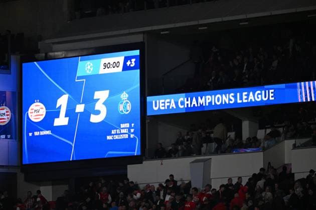 250916 PSV - Royale Union Saint-Gilloise The scoreboard pictured after the UEFA Champions League season 2025 - 2026 League phase matchday 1 football game between PSV and Royale Union Saint-Gilloise on September 16 , 2025 in Eindhoven, Netherlands. (Photo by Maarten Straetemans Isosport) Eindhoven Netherlands  Copyright: xMaartenxStraetemansx UCL_PSV-UNION_20250916_148