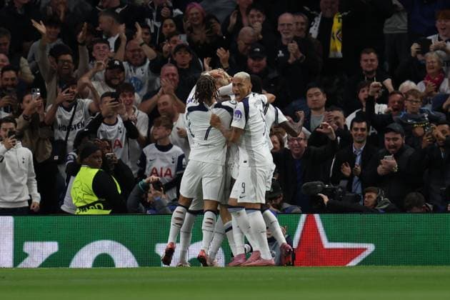 Tottenham Hotspur players celebrate after an own goal by Luiz Junior of Villarreal during the Champions League match between Tottenham Hotspur and Villarreal at Tottenham Hotspur Stadium in London, England (Photo by Alexander Canillas Sports Press Photo SPP) Copyright: xAlexanderxCanillas SPPx Sportspressphoto_SPR27013