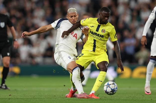 London, England, 16th September 2025. Richarlison of Tottenham Hotspur and Nicolas Pepe of Villarreal challenge for the ball during the Tottenham Hotspur vs Villarreal UEFA Champions League match at the Tottenham Hotspur Stadium, London. Picture credit should read: Paul Terry Sportimage EDITORIAL USE ONLY. No use with unauthorised audio, video, data, fixture lists, club league logos or live services. Online in-match use limited to 120 images, no video emulation. No use in betting, games or single club league player publications. SPI_020_PT_Tottenham_Villarreal SPI-4141-0020