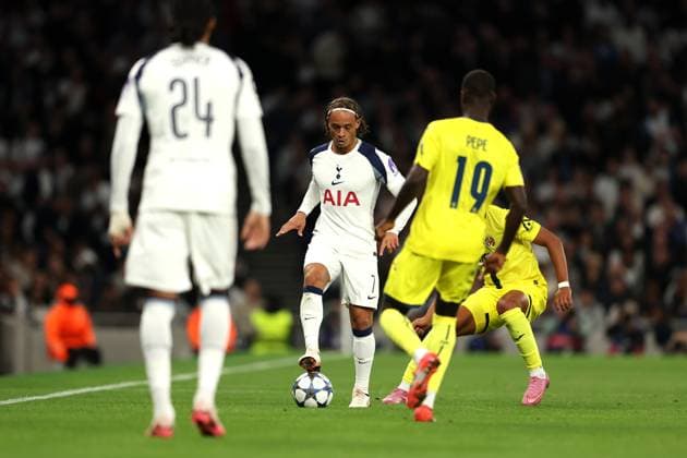 16th September 2025; Tottenham Hotspur Stadium, London, England; UEFA Champions League Football, Tottenham Hotspur versus Villareal; Xavi Simons of Tottenham Hotspur closely marked by Santiago Mourino of Villarreal  JohnxPatrickxFletcher