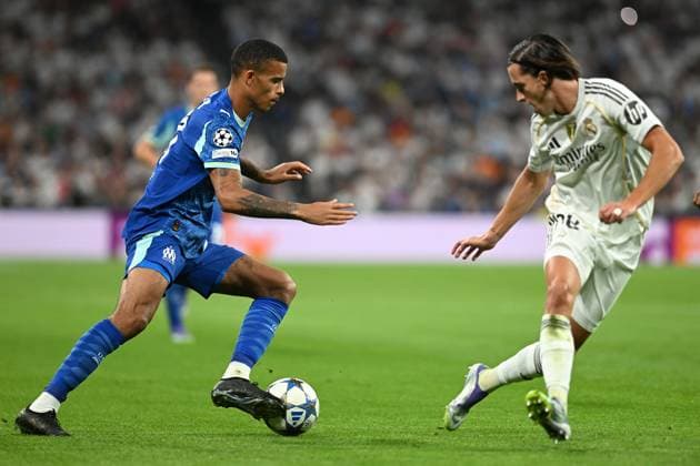 REAL MADRID CF v OLYMPIQUE DE MARSEILLE. CHAMPIONS LEAGUE 2025 2026. ROUND 1. Real Madrid CF s Alvaro Carreras (r) and Olympique de Marseille s Mason Greenwood during Champions League 2024 2025 Round 1 match. September 16,2025. (ALTERPHOTOS Jorge Ropero) MadridSpain  Copyright: xJorgexRoperox