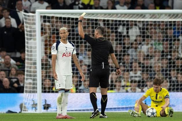 Richarlison of Tottenham Hotspur is shown a yellow card Tottenham Hotspur v Villarreal, UEFA Champions League, Group Stage, Football, Tottenham Hotspur Stadium, London, UK - 16 Sep 2025London Tottenham Hotspur Stadium United Kingdom EDITORIAL USE ONLY No use with unauthorised audio, video, data, fixture lists, club league logos or live services. Online in-match use limited to 120 images, no video emulation. No use in betting, games or single club league player publications. Copyright: xIanxTuttle Shutterstockx 15481339x