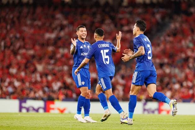 Pedro Bicalho and Leandro Andrade seen celebrating after scoring goal during Champions League league phase game between SL Benfica and Qarabag FK (Maciej Rogowski Ball Raw Images) Lisbon Estadio Da Luz Portugal Copyright: xMaciejxRogowskix maciejrogowski_slbenfica_qarabag2526-11