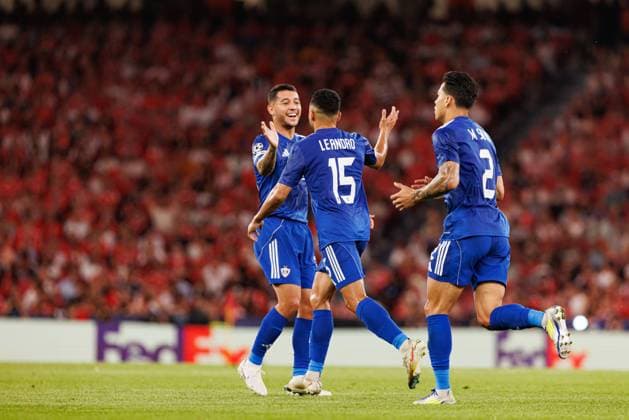 Pedro Bicalho and Leandro Andrade seen celebrating after scoring goal during Champions League league phase game between SL Benfica and Qarabag FK (Maciej Rogowski Ball Raw Images) Lisbon Estadio Da Luz Portugal Copyright: xMaciejxRogowskix maciejrogowski_slbenfica_qarabag2526-12