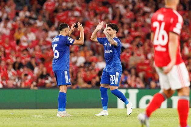 Kady and Leandro Andrade seen celebrating after scoring goal during Champions League league phase game between SL Benfica and Qarabag FK (Maciej Rogowski Ball Raw Images) Lisbon Estadio Da Luz Portugal Copyright: xMaciejxRogowskix maciejrogowski_slbenfica_qarabag2526-13