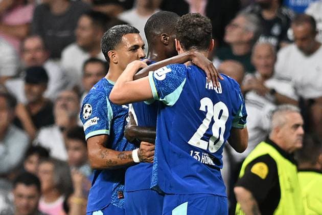 REAL MADRID CF v OLYMPIQUE DE MARSEILLE. CHAMPIONS LEAGUE 2025 2026. ROUND 1. Olympique de Marseille s players celebrate goal during Champions League 2024 2025 Round 1 match. September 16,2025. (ALTERPHOTOS Jorge Ropero) MadridSpain  Copyright: xJorgexRoperox