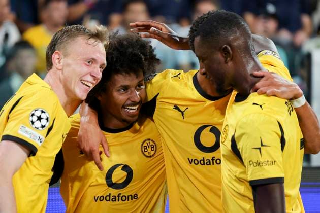 Karim Adeyemi Borussia Dortmund celebrates after scoring his teams first goal with Maximilian Beier Borussia Dortmund and Serhou Guirassy Borussia Dortmund , UEFA Champions League 2025 26 League Phase MD1, Juventus v Borussia Dortmund, Juventus Stadium on September 16, 2025 in Turin, Italy Photo by Marco Steinbrenner DeFodi Images Karim Adeyemi Borussia Dortmund celebrates after scoring his teams first goal with Maximilian Beier Borussia Dortmund and Serhou Guirassy Borussia Dortmund , UEFA Champions League 2025 26 League Phase MD1, Juventus v Borussia Dortmund, Juventus Stadium, September 16, 2025 in Turin, Italy Photo by Marco Steinbrenner DeFodi Images