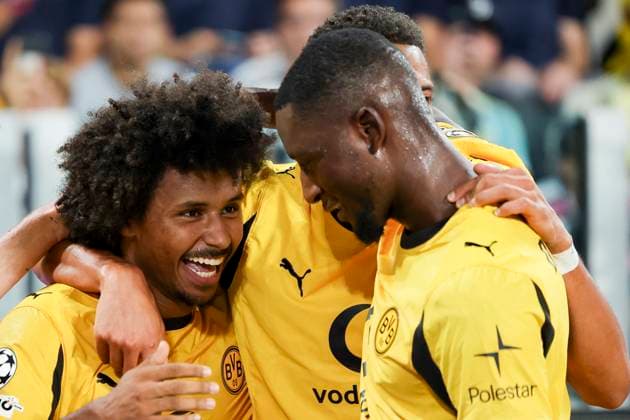 Karim Adeyemi Borussia Dortmund celebrates after scoring his teams first goal with Serhou Guirassy Borussia Dortmund , UEFA Champions League 2025 26 League Phase MD1, Juventus v Borussia Dortmund, Juventus Stadium on September 16, 2025 in Turin, Italy Photo by Marco Steinbrenner DeFodi Images Karim Adeyemi Borussia Dortmund celebrates after scoring his teams first goal with Serhou Guirassy Borussia Dortmund , UEFA Champions League 2025 26 League Phase MD1, Juventus v Borussia Dortmund, Juventus Stadium, September 16, 2025 in Turin, Italy Photo by Marco Steinbrenner DeFodi Images
