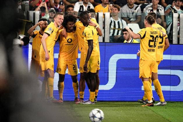 Dortmund s Karim Adeyemi celebrates after scoring the 1-0 goal for his team during the Uefa Champions League soccer match, between Juventus and Borussia Dortmund at the Allianz Stadium in Turin, north west Italy - Tuesday, September 16, 2025. - Soccer  Copyright: xMarcoxAlpozzi LaPressex