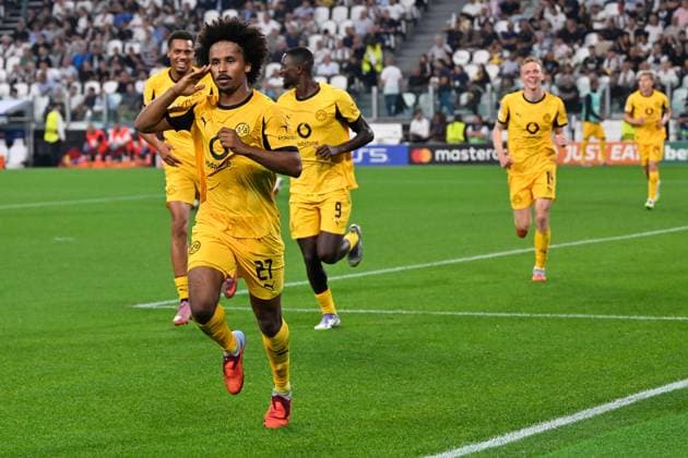 Turin, Allianz Stadium, 16 09 25, ITA, Men, UEFA Champions Leaugue, Season 2025 2026, Juventus Turin Borussia Dortmund Picture Karim ADEYEMI Dortmund cheers after his goal to 0 1 UEFA regulations prohibit any use of photographs as image sequences and or quasi video Piedmont Italy