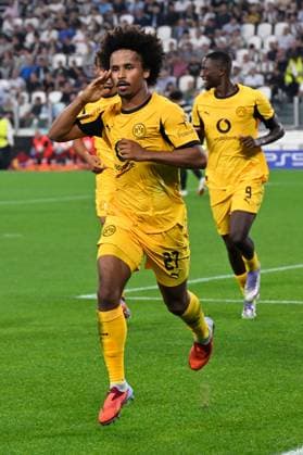 Turin, Allianz Stadium, 16 09 25, ITA, Men, UEFA Champions Leaugue, Season 2025 2026, Juventus Turin Borussia Dortmund Picture Karim ADEYEMI Dortmund cheers after his goal to 0 1 UEFA regulations prohibit any use of photographs as image sequences and or quasi video Piedmont Italy