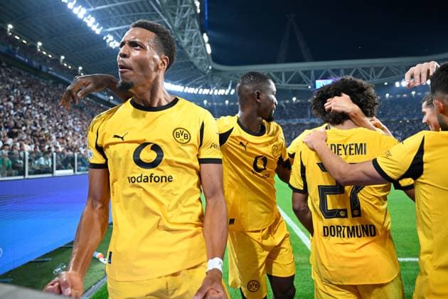 Turin, Allianz Stadium, 16 09 25, ITA, Men, UEFA Champions Leaugue, Season 2025 2026, Juventus Turin Borussia Dortmund Picture Felix NMECHA Dortmund cheers after scoring the 0 1 UEFA regulations prohibit any use of photographs as image sequences and or quasi video Piedmont Italy