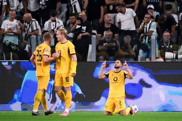Juventus FC v Borussia Dortmund - UEFA Champions League Yan Couto of Borussia Dortmund celebrates next to Julian Ryerson of Borussia Dortmund and Julian Brandt of Borussia Dortmund after scoring a goal during the UEFA Champions League 2026 26 league phase football match between Juventus FC and Borussia Dortmund. Turin Italy Copyright: xNicolòxCampox