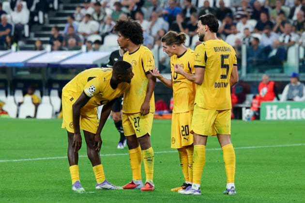Serhou Guirassy Borussia Dortmund , Karim Adeyemi Borussia Dortmund , Marcel Sabitzer Borussia Dortmund and Ramy Bensebaini Borussia Dortmund discuss before taking the penalty, UEFA Champions League 2025 26 League Phase MD1, Juventus v Borussia Dortmund, Juventus Stadium on September 16, 2025 in Turin, Italy Photo by Marco Steinbrenner DeFodi Images Serhou Guirassy Borussia Dortmund , Karim Adeyemi Borussia Dortmund , Marcel Sabitzer Borussia Dortmund and Ramy Bensebaini Borussia Dortmund discuss before taking the penalty kick, UEFA Champions League 2025 26 League Phase MD1, Juventus v Borussia Dortmund, Juventus Stadium, September 16, 2025 in Turin, Italy Photo by Marco Steinbrenner DeFodi Images