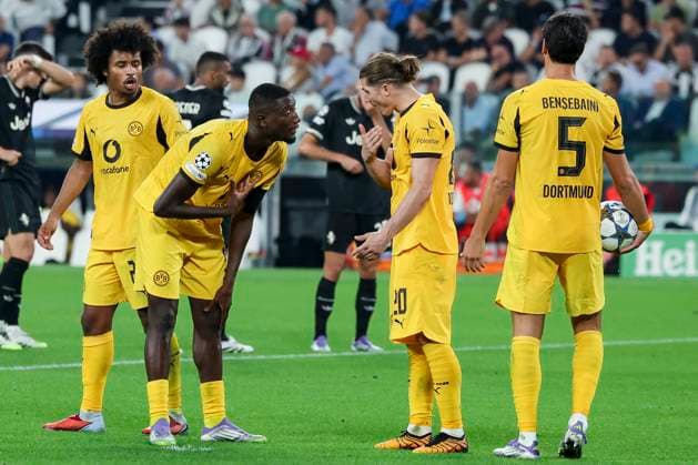 Serhou Guirassy Borussia Dortmund , Karim Adeyemi Borussia Dortmund , Marcel Sabitzer Borussia Dortmund and Ramy Bensebaini Borussia Dortmund discuss before taking the penalty, UEFA Champions League 2025 26 League Phase MD1, Juventus v Borussia Dortmund, Juventus Stadium on September 16, 2025 in Turin, Italy Photo by Marco Steinbrenner DeFodi Images Serhou Guirassy Borussia Dortmund , Karim Adeyemi Borussia Dortmund , Marcel Sabitzer Borussia Dortmund and Ramy Bensebaini Borussia Dortmund discuss before taking the penalty kick, UEFA Champions League 2025 26 League Phase MD1, Juventus v Borussia Dortmund, Juventus Stadium, September 16, 2025 in Turin, Italy Photo by Marco Steinbrenner DeFodi Images
