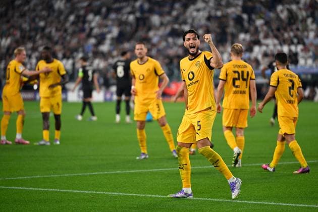 Turin, Allianz Stadium, 16 09 25, ITA, Men, UEFA Champions Leaugue, Season 2025 2026, Juventus Turin Borussia Dortmund Picture Ramy BENSEBAINI Dortmund cheers after his goal to 2 4 UEFA regulations prohibit any use of photographs as image sequences and or quasi video Piedmont Italy