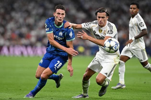 REAL MADRID CF v OLYMPIQUE DE MARSEILLE. CHAMPIONS LEAGUE 2025 2026. ROUND 1. Real Madrid CF s Alvaro Carreras (r) and Olympique de Marseille s Bejamin Pavard during Champions League 2024 2025 Round 1 match. September 16,2025. (ALTERPHOTOS Jorge Ropero) MadridSpain  Copyright: xJorgexRoperox