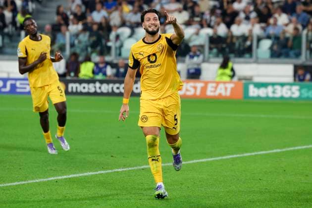 Ramy Bensebaini Borussia Dortmund celebrates after scoring his teams fourth goal, UEFA Champions League 2025 26 League Phase MD1, Juventus v Borussia Dortmund, Juventus Stadium on September 16, 2025 in Turin, Italy Photo by Marco Steinbrenner DeFodi Images Ramy Bensebaini Borussia Dortmund celebrates after scoring his teams fourth goal, UEFA Champions League 2025 26 League Phase MD1, Juventus v Borussia Dortmund, Juventus Stadium, September 16, 2025 in Turin, Italy Photo by Marco Steinbrenner DeFodi Images