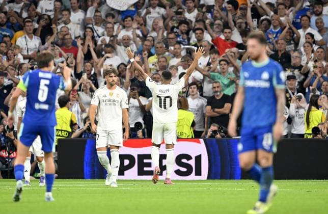 Real Madrid v Olympique de Marseille - UEFA Champions League MADRID, SPAIN - SEPTEMBER 16: Kylian Mbappe of Real Madrid celebrates after scoring a goal during the UEFA Champions League group stage match between Real Madrid and Olympique de Marseille at Santiago Bernabeu Stadium in Madrid, Spain on September 16, 2025. Burak Akbulut Anadolu Madrid Spain. Editorial use only. Please get in touch for any other usage.  Copyright: x2025xAnadoluxBurakxAkbulutx