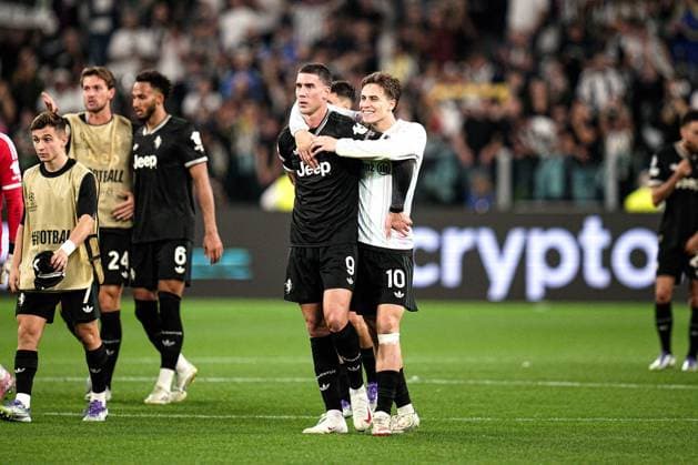 Juventus Dusan Vlahovic and Juventus Kenan Yildiz after the Uefa Champions League soccer match, between Juventus and Borussia Dortmund at the Allianz Stadium in Turin, north west Italy - Tuesday, September 16, 2025. - Soccer  Copyright: xMarcoxAlpozzi LaPressex