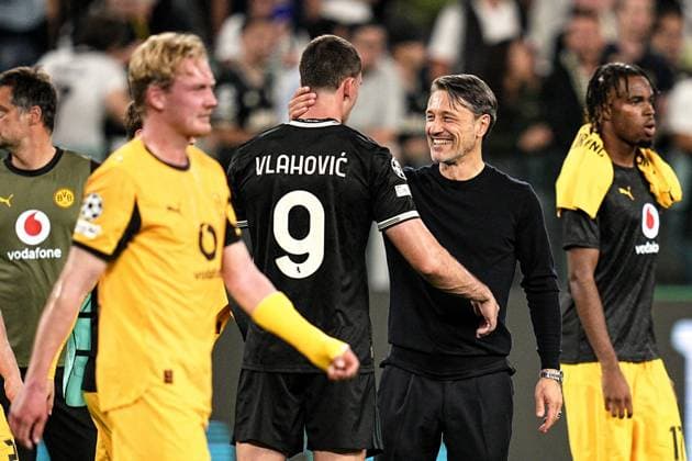 Juventus Dusan Vlahovic and Dortmund™s head coach Nico Kovac after the Uefa Champions League soccer match, between Juventus and Borussia Dortmund at the Allianz Stadium in Turin, north west Italy - Tuesday, September 16, 2025. - Soccer  Copyright: xMarcoxAlpozzi LaPressex