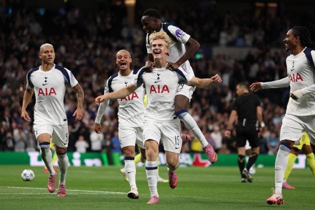 London, England, 16th September 2025. Lucas Bergvall of Tottenham Hotspur celebrates with team mates after Luiz Junior (not pictured) of Villarreal scores an own goal to make it 1-0 during the Tottenham Hotspur vs Villarreal UEFA Champions League match at the Tottenham Hotspur Stadium, London. Picture credit should read: Paul Terry Sportimage EDITORIAL USE ONLY. No use with unauthorised audio, video, data, fixture lists, club league logos or live services. Online in-match use limited to 120 images, no video emulation. No use in betting, games or single club league player publications. SPI_043_PT_Tottenham_Villarreal SPI-4141-0043